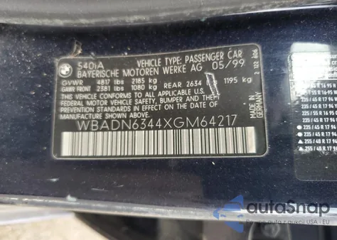 1999 BMW 540 I Automatic из США, поврежденный, VIN WBADN6344XGM64217